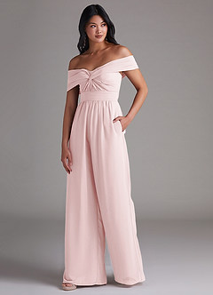Azazie Lamara Bridesmaid Dresses Blushing Pink Off the Shoulder Chiffon Convertible Jumpsuit image4