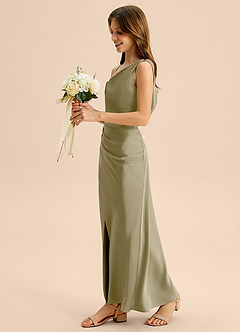 Azazie Madelyn Junior Osłona Zza ramienia Satyna elastyczna Długość podłogi Młodsza druhna Sukienka image3