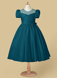 Azazie Anirra Flower Girl Dresses Ink Blue Ball-Gown Pleated Matte Satin Dress image5