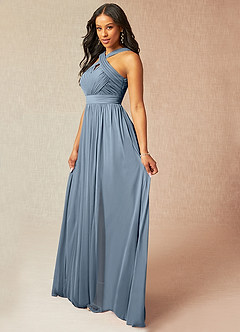 Azazie Hillian At-home Try On Dresses Agave A-Line Halter Pleated Mesh Dress image3
