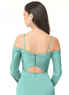Azazie Hallie Bridesmaid Dresses Aqua Sheath Off-The-Shoulder Long Sleeve Stretch Satin Convertible Dress image7