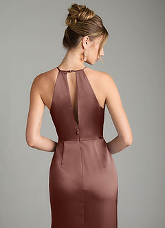Azazie Aidyn Bridesmaid Dresses Espresso Sheath Pleated Stretch Satin Dress image6