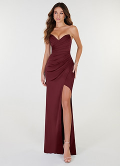 Azazie Yola Vestidos de damas de honor Vestido de Cabernet de Satén Elástico de Corte Recto Convertible con Cuello en V Plisado image1