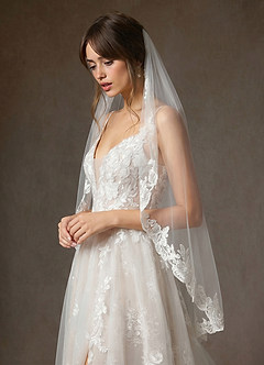front Cora Eileen Lace Floral Applique Fingertip Veil