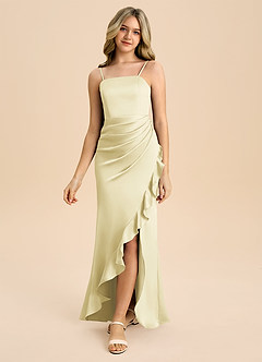 Azazie Buzzy Junior Lemon Sorbet Sheath Pleated Stretch Satin Dress image5