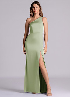 Azazie Philana 신부 들러리 드레스 A라인 한쪽 어깨 스트레치 새틴 바닥 길이 드레스 image4