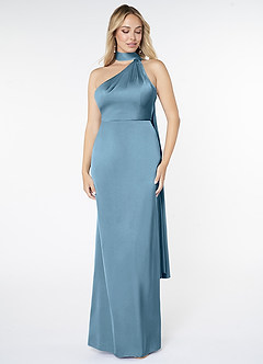 Azazie Kaylani Bridesmaid Dresses Steel Blue Mermaid High Neck Stretch Satin Dress image1
