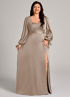 Azazie Leonia Bridesmaid Dresses Taupe A-Line Long Sleeve Stretch Satin Dress image4