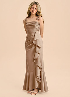 Azazie Ryan Junior Taupe Sheath Bow Stretch Satin Dress image1