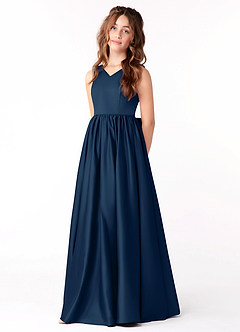 Azazie Hathaway Junior Dark Navy A-Line Bow Stretch Satin Dress image3