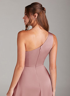 Azazie Brooke 신부 들러리 드레스 A라인 한쪽 어깨 스트레치 새틴 발목 길이 드레스 image2