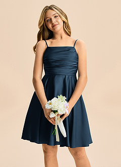 Azazie Miko Junior Dark Navy A-Line Pleated Stretch Satin Dress image6