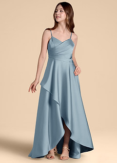 Azazie Prisha Junior Jurk van Stretch Satijn met A-Lijn Geplooid Stoffig Blauw image4