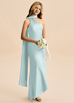 Azazie Briony Junior Vestido Névoa de Cetim elástico de Bainha com Plissado image4