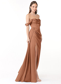 Azazie Amyra Bridesmaid Dresses Bronzer Sheath Off the Shoulder Stretch Satin Convertible Dress image4