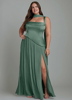 Azazie Stephanie Vestidos de damas de honor Vestido Eucalipto de Satén Elástico de Línea A con Plisado image15