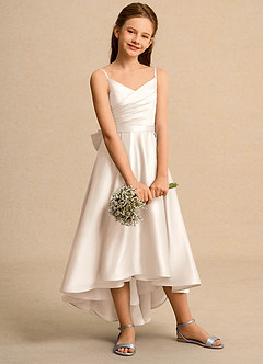 Azazie Sweets Girls Formal Flower Girl Dresses White Alabaster A-Line Pleated Matte Satin Dress image5