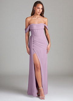 Azazie Amyra Bridesmaid Dresses Wisteria Sheath Off the Shoulder Chiffon Convertible Dress image3