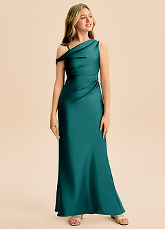 Azazie Emerson Junior Vestido de Pavo Real de Satén Elástico de Corte Recto con Vestidos sin tirantes image3