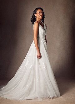 Azazie Joie Abiti da Sposa Abito A-Line in Tulle con Scollo a V e Paillettes Bianco Diamante image4