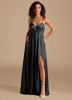 Azazie Alia At-home Try On Dresses Black A-Line Pleated Metallic Satin Dress image1