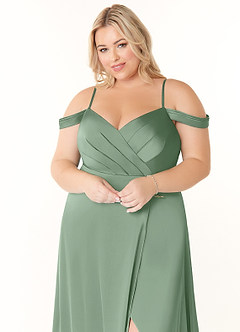 Azazie Ocean Brautjungfernkleider A-Linie V-Hals Gefaltet Stretch-Satin Kleid Matcha image10