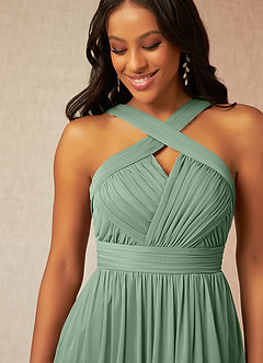 Azazie Hillian Vestidos de damas de honor Vestido de Matcha de Malla de Corte en A con Halter Plisado image5