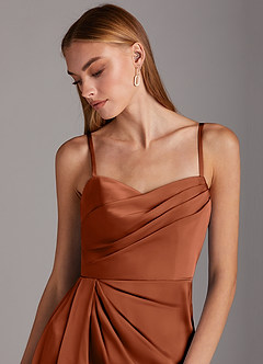 Azazie Bona Final Sale Agave A-Line V-Neck Pleated Stretch Satin Dress image6