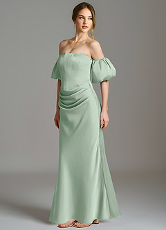 Azazie Kacey At-home Try On Dresses Agave Mermaid Off the Shoulder Stretch Satin Dress image3