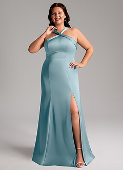 Azazie Rue Bridesmaid Dresses Moody Blue A-Line Pleated Stretch Satin Dress image8
