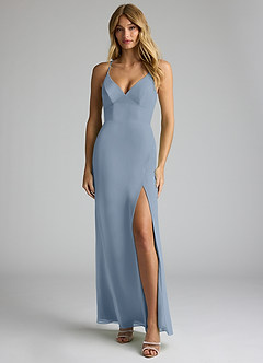 Azazie Becca Bridesmaid Dresses Dusty Blue Sheath V-Neck Chiffon Dress image1