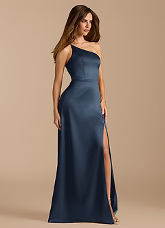 Azazie Trina Bridesmaid Dresses Dark Navy A-Line One Shoulder Metallic Satin Dress image4