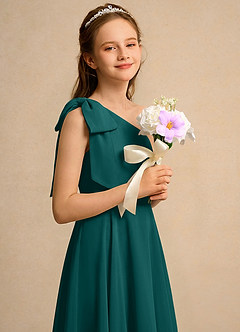 Azazie Guppy Girls Formal Flower Girl Dresses Peacock A-Line One Shoulder Chiffon Dress image4