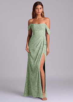 Azazie Johana 신부 들러리 드레스 인어 오프 더 숄더 플로럴 번아웃 바닥 길이 드레스 image3