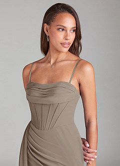 Azazie Amyra Bridesmaid Dresses Taupe Sheath Off the Shoulder Chiffon Convertible Dress image2