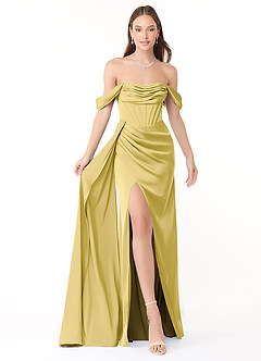 Azazie Amyra Bridesmaid Dresses Canary Mermaid Off the Shoulder Stretch Satin Convertible Dress image1