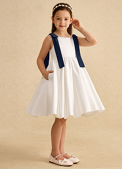 Azazie Stacie Jurken voor bloemenmeisjes A-Lijn Jurk van Mat Satijn Boog Ivoor Donker Marineblauw image2