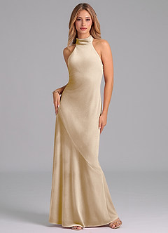 Azazie Velli Robes de demoiselle d'honneur Robe Sirène en velours Col Haut Champagne image1