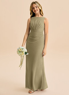 Azazie Floris Junior Robe Trapèze en Mousseline de soie Plissée Vert Mousse image1