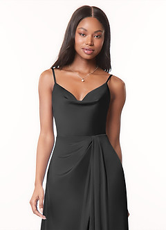 Azazie Brielle Brautjungfernkleider A-Linie Cowl-Spaghettiträger Stretch-Satin Kleid Schwarz image4