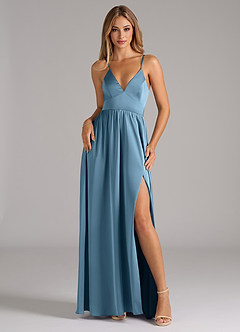 Azazie Aaida Bridesmaid Dresses Steel Blue A-Line Corset Stretch Satin Dress image1
