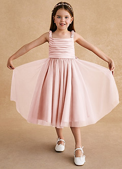 Azazie Gabbie Robe Demoiselle D'honneur Fillette Robe Trapèze en Mat Satiné Plissée Rose Pâle image3