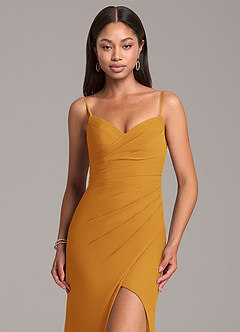 Azazie Yola Bridesmaid Dresses Butterscotch Sheath Pleated Chiffon Convertible Dress image2