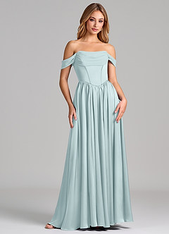 Azazie Raisa 신부 들러리 드레스 A라인 오프 더 숄더 스트레치 새틴 바닥 길이 드레스 image4