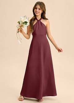 Azazie Beah Junior Cabernet A-Line Pleated Stretch Satin Dress image2