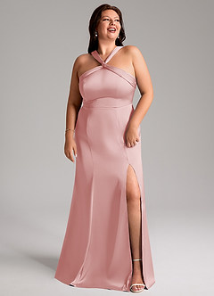 Azazie Rue Bridesmaid Dresses Powder Pink Mermaid Pleated Stretch Satin Dress image11