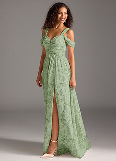 Azazie Lianne Vestidos de damas de honor Vestido de Floral Helecho Verde de Gasa de Corte en A con Vestidos sin tirantes image2