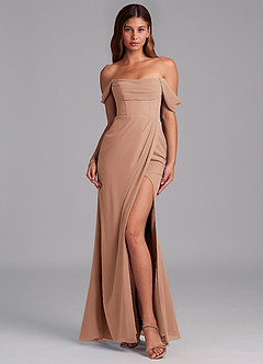 Azazie Johana Jurken voor bruidsmeisjes Converteerbaar Jurk van Chiffon met Zeemeermin Off the Shoulder Champagne Roos image3