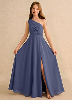 Azazie Puddles Girls Formal Robe Demoiselle D'honneur Fillette Robe Trapèze en Mousseline de soie Une épaule Bleu Orageux image5