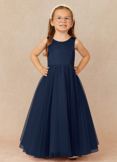 Azazie Muni Flower Girl Dresses Dark Navy A-Line Bow Tulle Dress image2